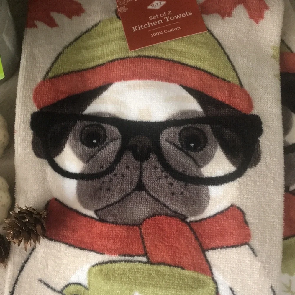 Adorable Fall Pug plush kitchen towels 100% cotton